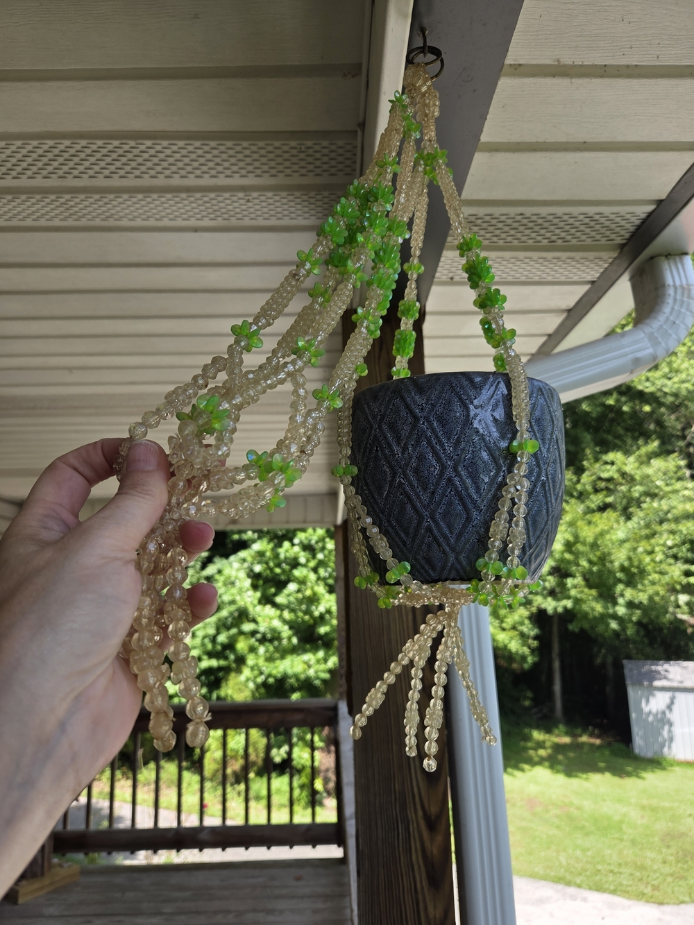 Vintage 1970's Boho Clear & Green Acrylic Beaded Plant Hanger Suncatchers 25"